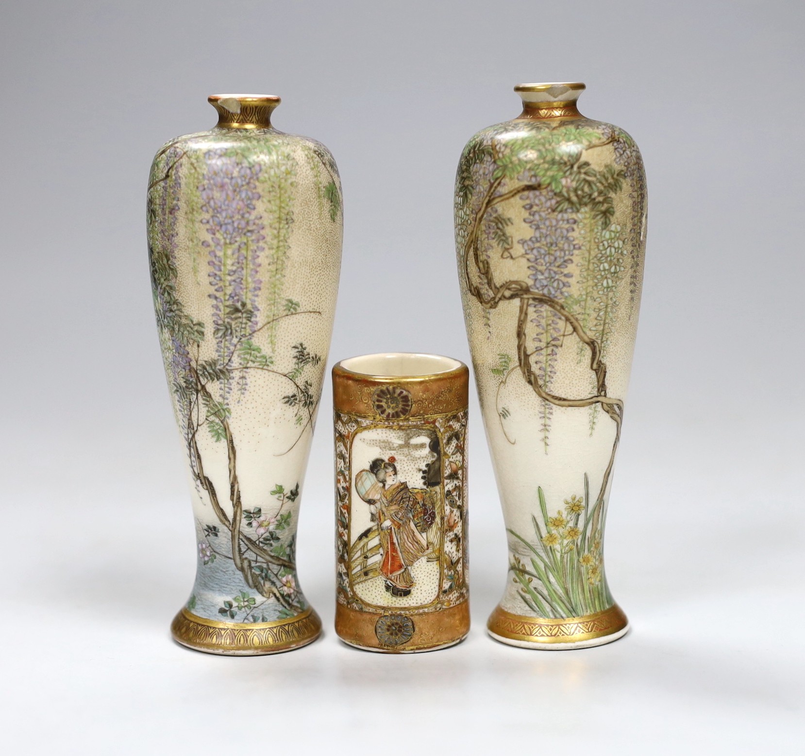 A near pair of Japanese Satsuma small wisteria vases by Kinkozan (a.f.) and a Satsuma miniature vase, tallest 12cm
